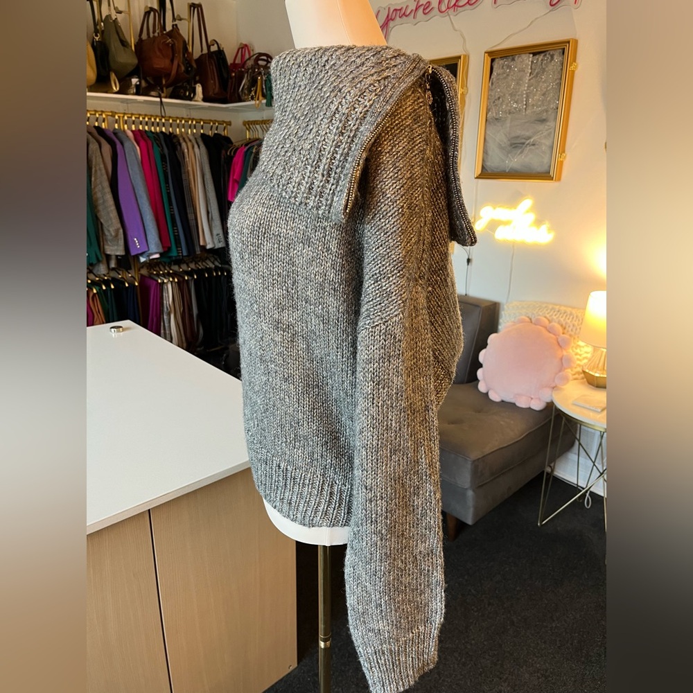 White House Black Market Silver Shiny Charcoal Off-Shoulder Zippered Sweater - Picture 2 of 9